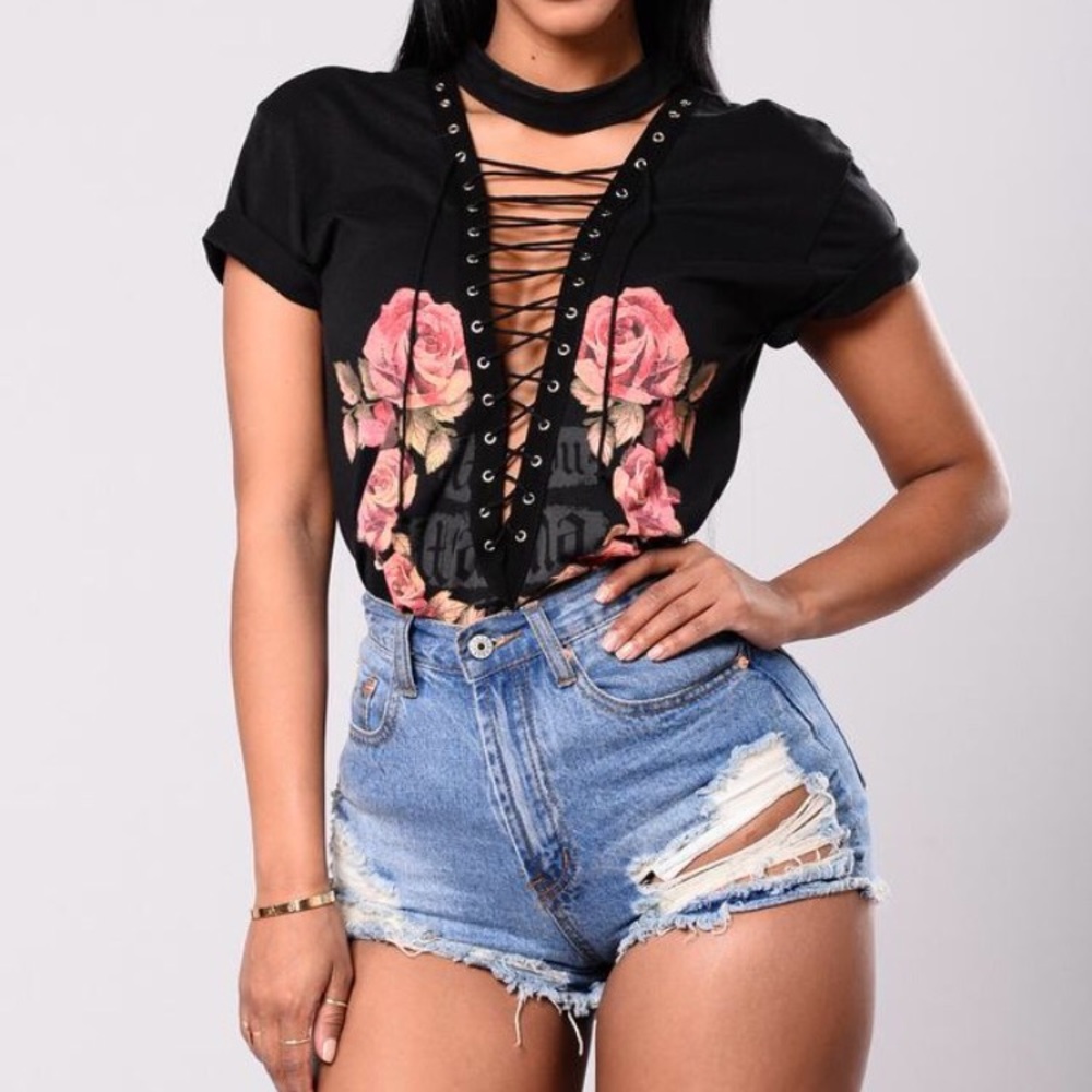 Fashion Nova Black Lace up graphic tee